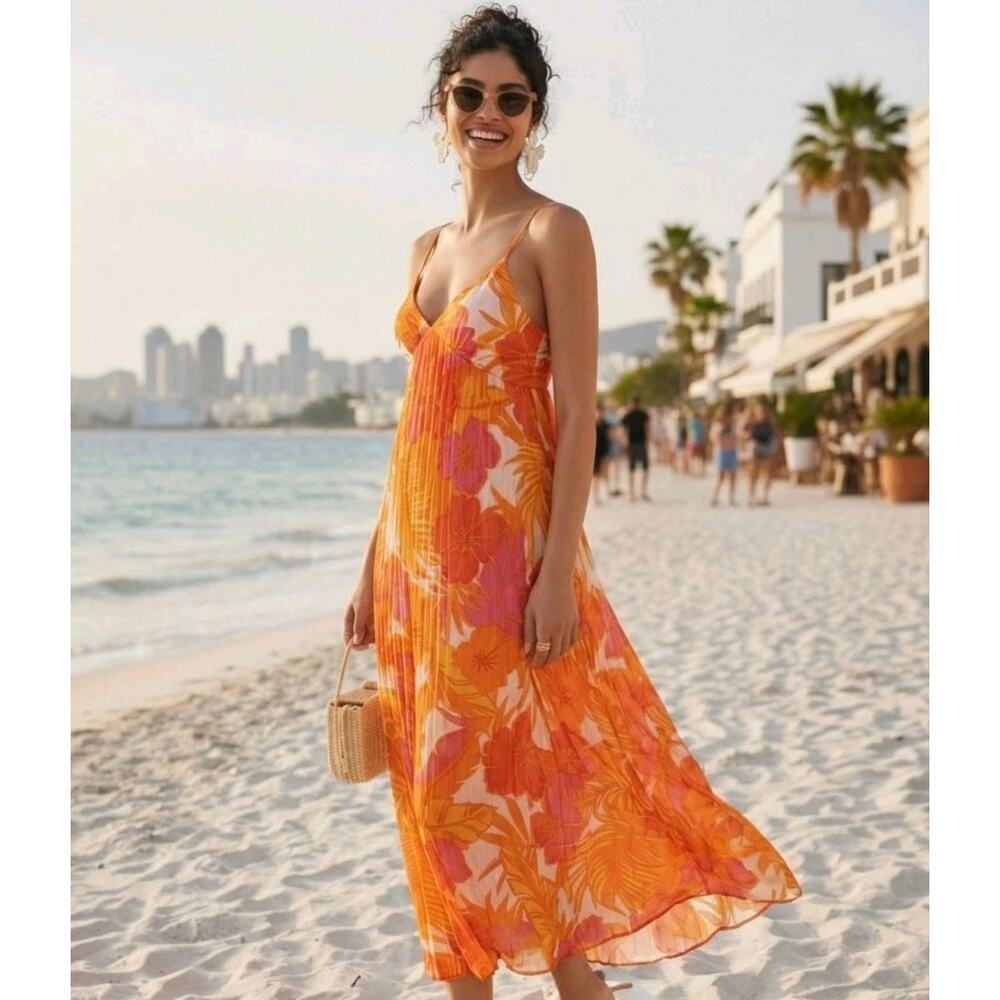 Mango Women's Orange Pleated Floral Print Dress Flowy Resortwear Vacation Fairy